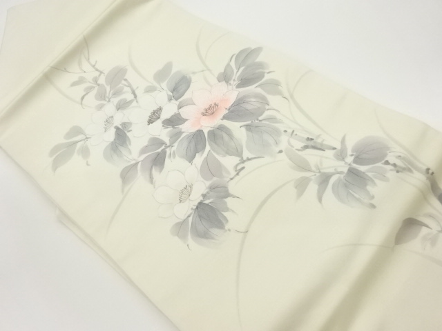 作家物　手描き銀彩花葉模様刺繍名古屋帯